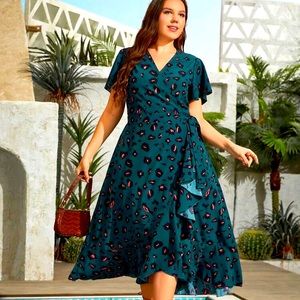 Plus All Over Print Wrap Knot Ruffle Hem Dress XXL